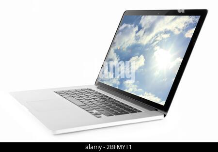 Laptop isolated on white. Cloud storage concept Stock Photo