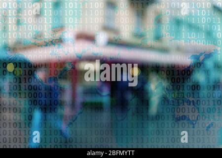 Blur abstract peoples background with binary code. Technology concept Stock Photo