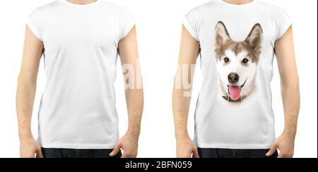 T-shirt design concept - man in blank white t-shirt and man in t-shirt with print of his dog Stock Photo