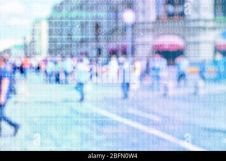 Blur abstract peoples background with binary code. Technology concept Stock Photo