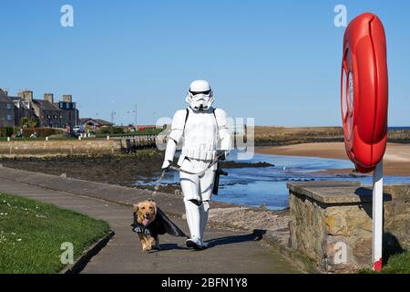 Lossiemouth, Moray, UK. 19th Apr, 2020. UK. This is Stormtrooper Bob Farmer from Lossiemouth walking his dog, Kumu. Credit: JASPERIMAGE/Alamy Live News Stock Photo