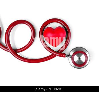 Red stethoscope with heart isolated on white Stock Photo