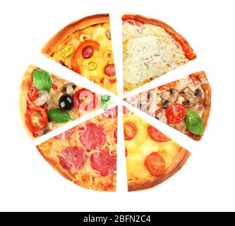 Different slices of pizza isolated on white Stock Photo