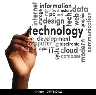 Man writing on virtual screen. Information technology concept Stock Photo