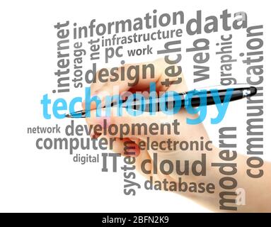 Woman writing on virtual screen. Information technology concept Stock Photo
