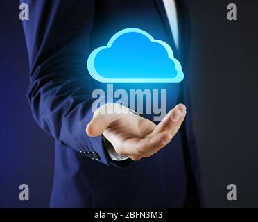 Virtual cloud on hand. Cloud storage concept with copy space Stock Photo