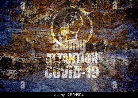 Attention sign on plastered old wall. warning sign with virus danger information. Virus outbreak COVID-2019. Stock Photo