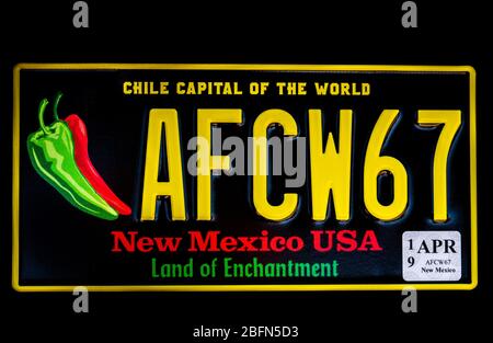 New Mexico black car tag, license plate, number plate with phrase Chile Capital of the World. Stock Photo