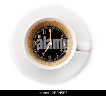 Cup of coffee isolated on white. Time concept Stock Photo