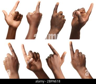 Set of different hands touching or pointing to something, isolated on white Stock Photo