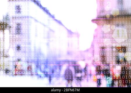 Blur abstract peoples background with binary code. Technology concept Stock Photo