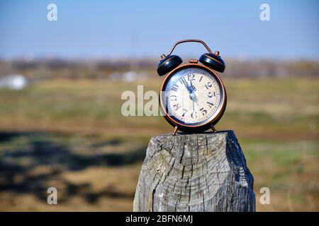 Old retro alarm clock in nature Stock Photo