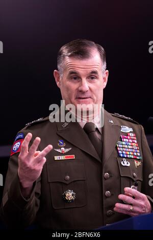 U.S. Deputy Chief of Staff Army G-3/5/7, Lt. Gen. Charles A. Flynn, briefs reporters on the COVID-19 pandemic at the Pentagon April 16, 2020 in Arlington, Virginia. Stock Photo