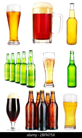 Different types of beer in glasses and bottles, isolated on white Stock Photo