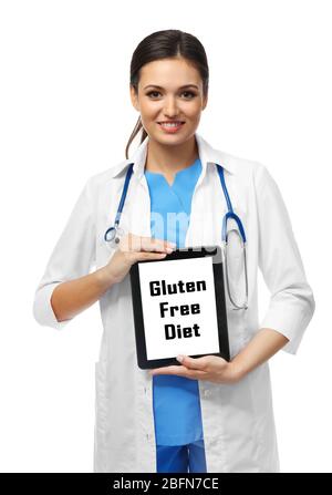 Nutritionist doctor with clipboard and text Gluten Free Diet, isolated on white Stock Photo