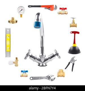 Set of plumbing equipment on white background Stock Photo