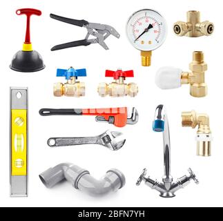 Set of plumbing equipment on white background Stock Photo