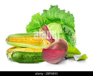 Composition of fresh vegetables on white background, closeup. Stock Photo
