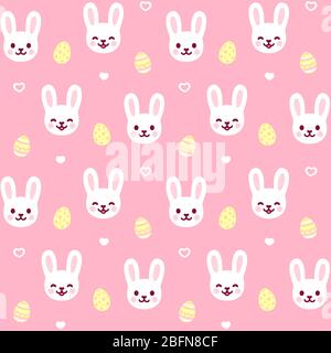 Cute cartoon Easter bunny pattern. Easter eggs and white rabbit face on pink background, seamless repeating texture. Vector illustration. Stock Photo