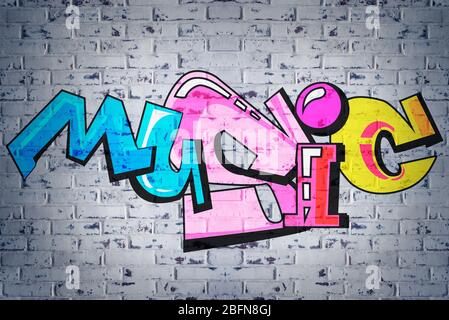 Colorful word MUSIC on brick wall background. Graffiti style Stock Photo