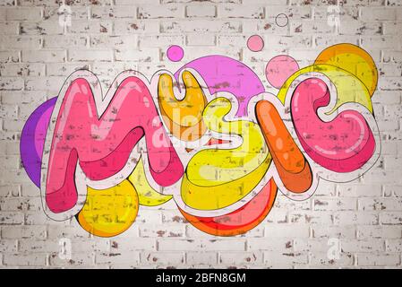 Colorful word MUSIC on brick wall background. Graffiti style Stock Photo