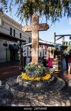 Carved wooden cross, commemorating Felipe de Neve, Governor of Spanish California, Olvera Street, Los Angeles Plaza Historic District, Los Angeles, CA Stock Photo