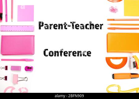 Text PARENT-TEACHER CONFERENCE with stationary on white background. School concept. Stock Photo