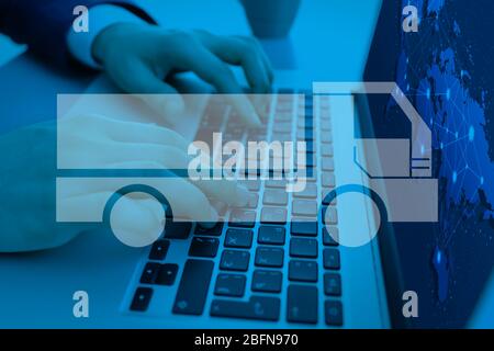 Icon of truck on background. Male hands working with laptop, closeup. Logistics and delivery concept. Stock Photo
