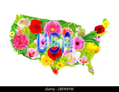 Floral design of USA map on white background Stock Photo