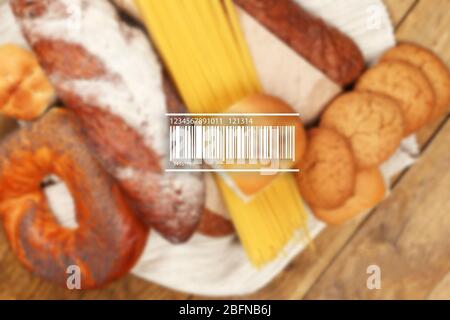 Barcode on blurred bakery products background. Wholesale and retail concept. Stock Photo