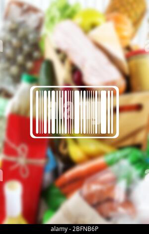 Barcode on blurred products background. Wholesale and retail concept. Stock Photo