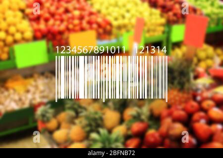 Barcode on blurred products background. Wholesale and retail concept. Stock Photo