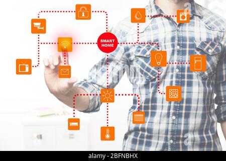 Man using smart home application on virtual screen. Innovation technology concept. Stock Photo