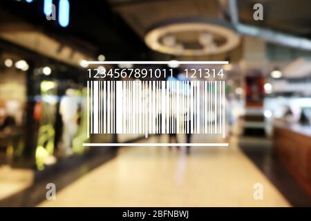 Barcode on blurred shopping mall background. Wholesale and retail concept. Stock Photo