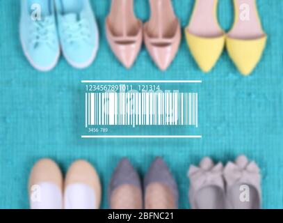 Barcode on blurred female fashion shoes background. Wholesale and retail concept. Stock Photo