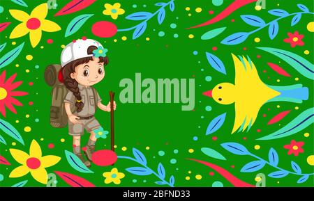 girl is on abstract flower and birds background Stock Vector
