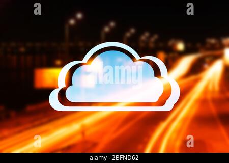 Cloud icon on blurred road traffic lights background. Modern technology concept Stock Photo