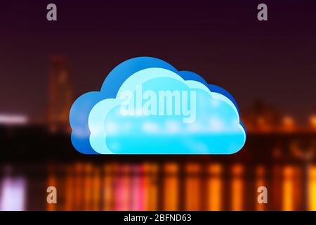 Cloud icon on blurred cityscape background. Modern technology concept Stock Photo