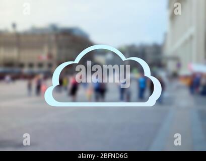 Cloud icon on blurred cityscape background. Modern technology concept Stock Photo