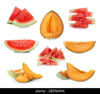 Set of fresh sliced melons and watermelons on white background Stock