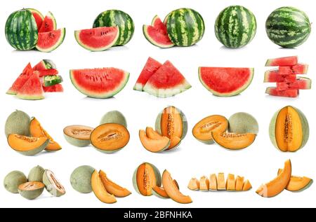 Set of fresh sliced melons and watermelons on white background Stock