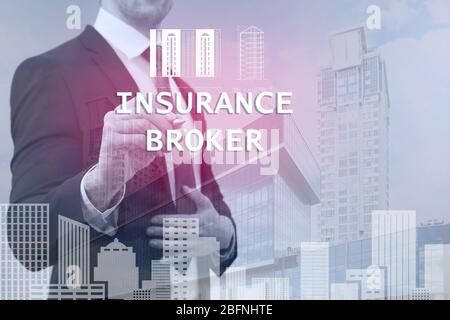 Double exposure of insurance broker and cityscape Stock Photo
