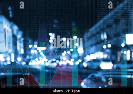 Stock exchange quotes and cityscape on background Stock Photo