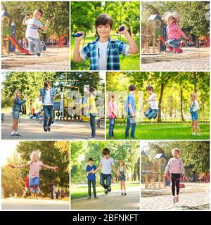 Collage of children with jumping ropes outdoors Stock Photo