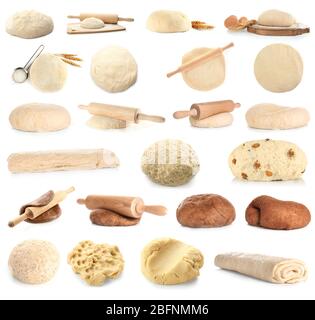 Collage with different kinds of dough on white background Stock Photo