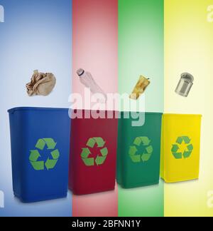 Recycling concept. Colorful bins for different garbage Stock Photo