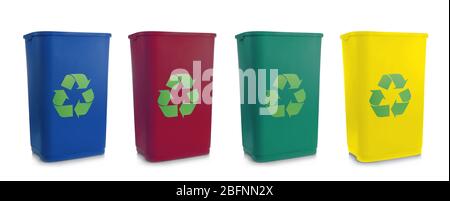 Recycling concept. Colorful bins for different garbage on white background Stock Photo