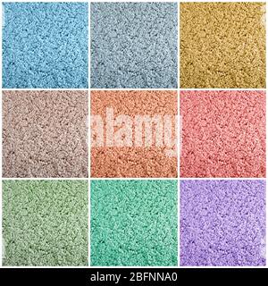 Collage with carpet samples of different colors, closeup Stock Photo