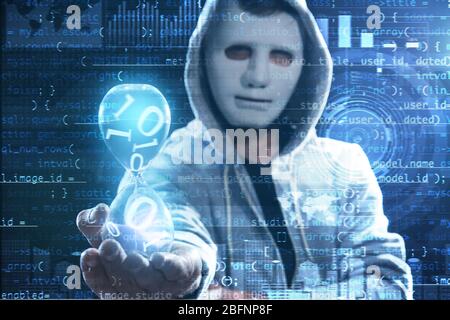 Hacker in mask holding hourglass and code on dark background. Concept of cyber attack and security Stock Photo