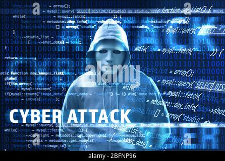 Text CYBER ATTACK and hacker in mask and code on dark background Stock Photo
